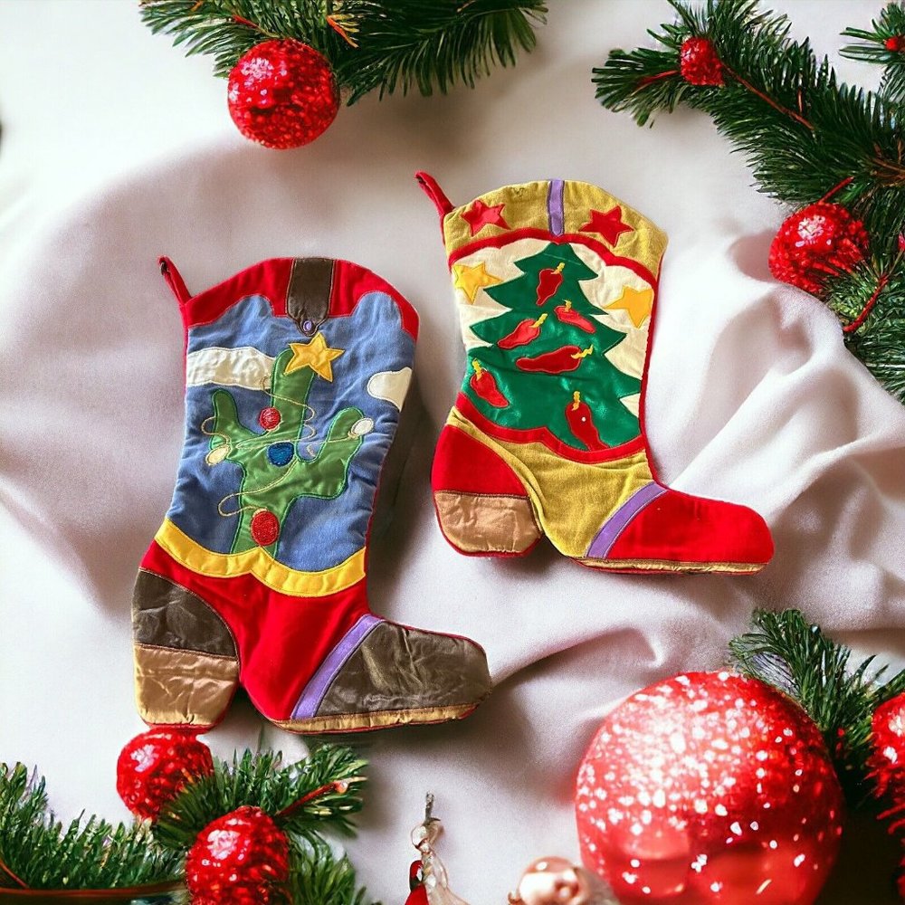 2 Christmas Stockings Western Cowboy Boots Décor Red Tree Lights Stars 16”